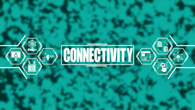 Connectivity concept displaying the word connectivity in a central box surrounded by various interconnected hexagonal on a textured teal background, with white outlines