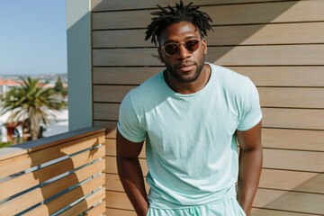 Obraz premium Athletic man in mint t shirt and sunglasses leaning on wooden balcony for lifestyle banner and fitness social media background