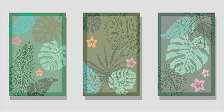 Set of summer botanical template decoration with tropical leaves and flowers. Tropical summer illustration. Vector illustration. botanical pattern.
