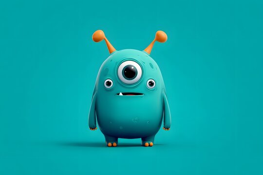 3D Cartoon Alien Creature with Big Eye and Antennae on Bright Blue Background