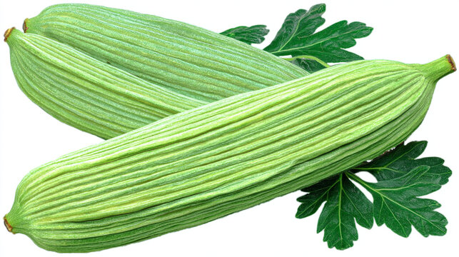 Fresh sponge gourd vegetables with green leaves on white background raw food raw vegetable