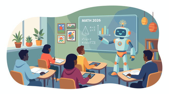 AI robot teacher instructing math to students in a future classroom