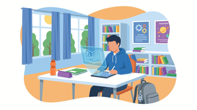 Student Studying with Futuristic Digital Tablet and Hologram