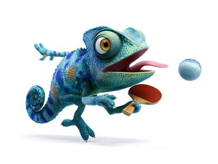 Fototapeta premium Colorful Cartoon Chameleon Playing Ping Pong with a Ball and Paddle