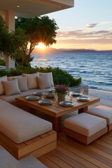 Fototapeta premium Coastal terrace sunset lounge and dining set with sofa and wooden table for relaxing outdoor background and vacation wallpaper