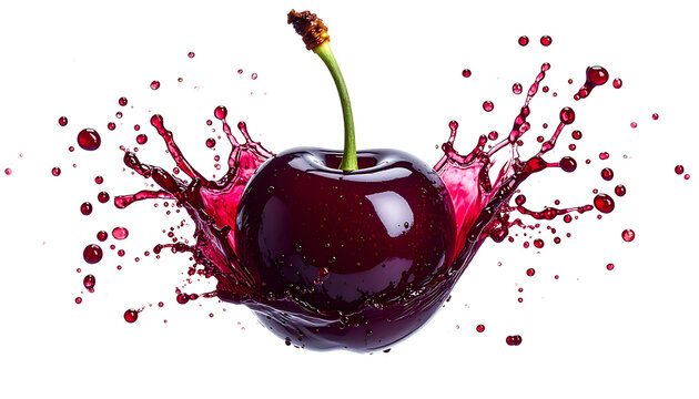 Fresh dark red cherry with a stem creating a vibrant juice splas