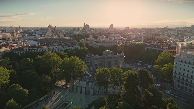 Aerial view pulling back from the historic neoclassical gate Puerta de Alcala