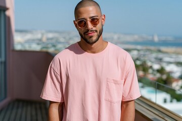 Obraz premium Young man in pink shirt with sunglasses on balcony for lifestyle portrait and urban casual banner design