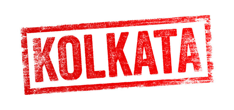 Kolkata text on a rubber stamp. Grunge texture element symbolizing travel, Indian heritage, tourism, culture, destination identity, and historical Asian metropolis.