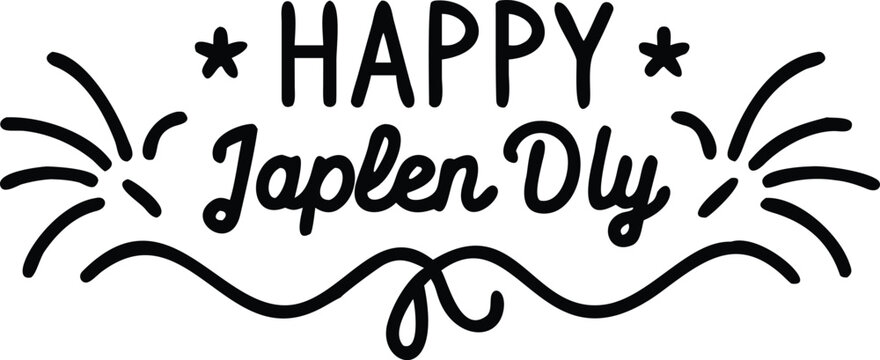 Happy japlen dly text with star and decorative flourish lines on white background