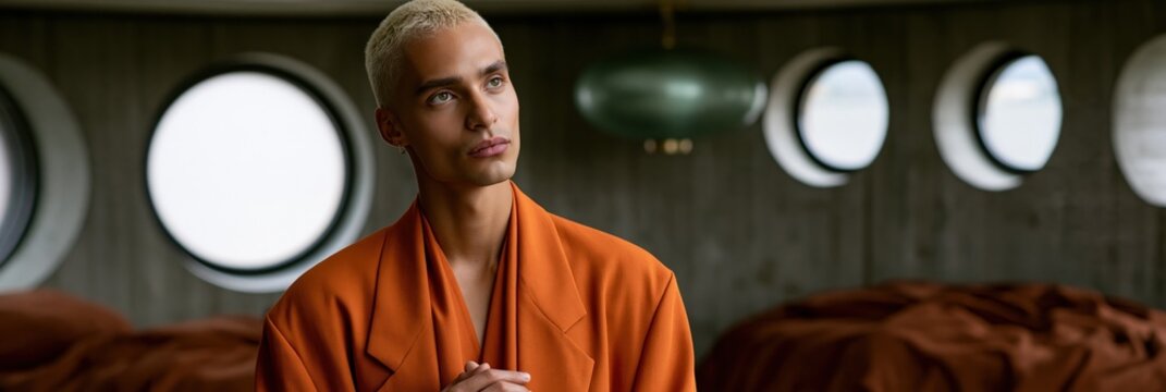 Contemplative male model in an orange robe panoramic portrait for fashion banner and editorial background with modern interior windows