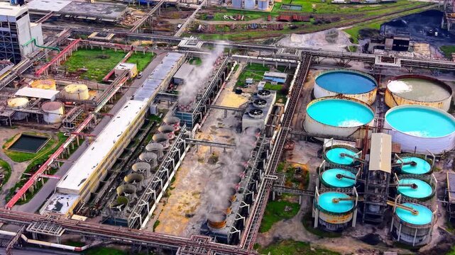 Cooling towers and water tanks at a factory, Varna, Bulgaria. Aerial perspective showing steam emitting from vents, bright blue liquid pools and industrial pipelines.