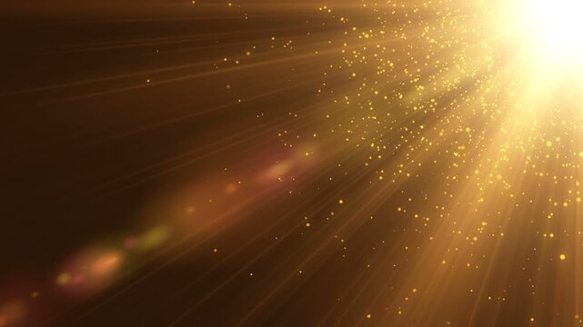 Golden light bursts through darkness with radiant rays. Flickering particles dance in warm, glowing beams. Sunlight radiates intensity and energy. Perfect backdrop for celebration or inspiration