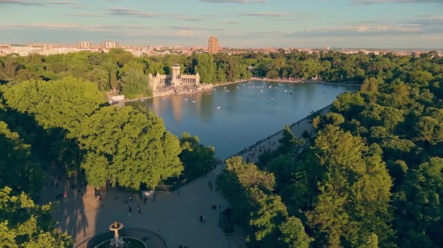 Madrid Retiro park lake and monument aerial view