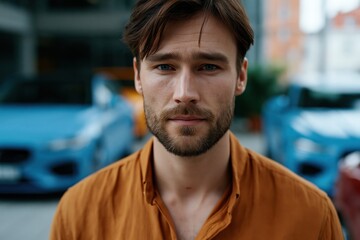 Obraz premium Closeup bearded man portrait at car showroom with shallow depth of field for advertising banner and website background