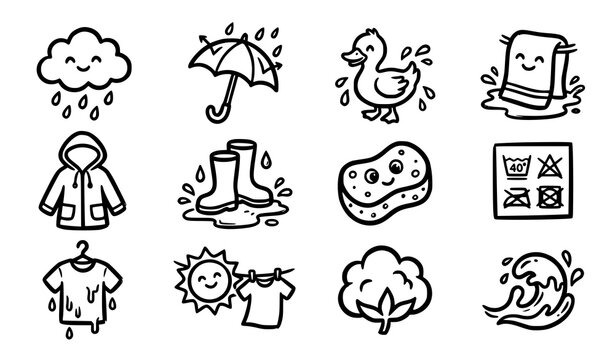 Cute cartoon waterproof and absorbent material line icons vector collection with playful weather doodles