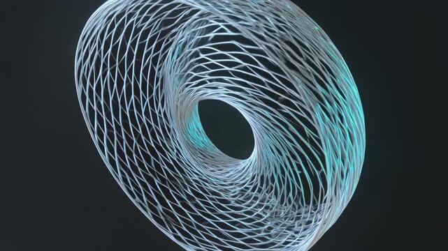Futuristic rotating 3d mesh torus with blue neon glowing lines