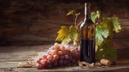 Fototapeta premium Wine bottle and fresh grapes arranged on a wooden table, creating a rustic still-life composition that evokes vineyard traditions and wine culture.