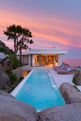 Obraz premium Minimalist modern villa with long infinity pool on a rocky cliff and pastel sunset sky for vacation wallpaper and resort ads