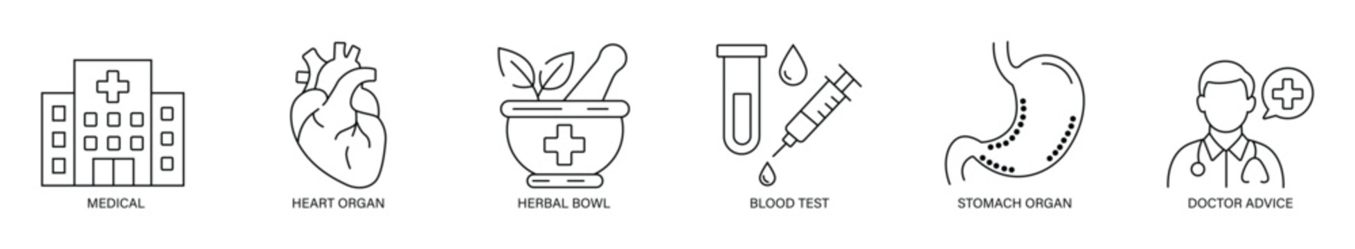 Human anatomy and medical line icon set featuring heart organ, stomach, doctor advice, blood test, herbal bowl, hospital building, syringe and laboratory. editable stroke vector set.
