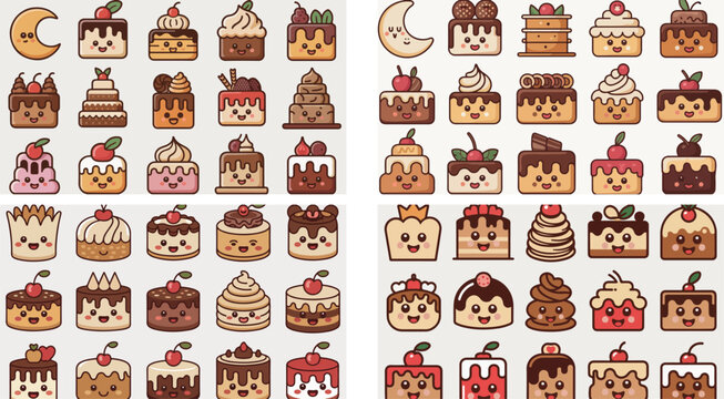 Collection of various cartoon cakes and desserts with smiling faces on white background