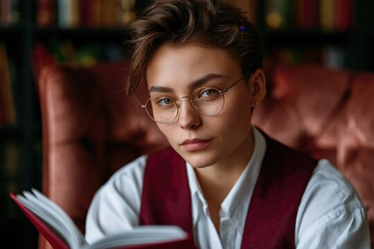 Young reader portrait in a library armchair with glasses and open book for cozy background and study banner design