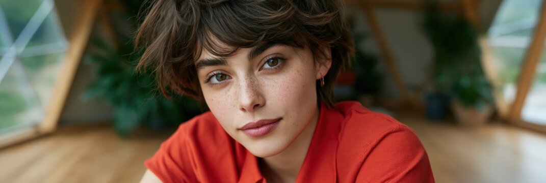 Close up portrait of young woman with short brown hair and freckles in red top natural light interior background for portrait banner and social media design