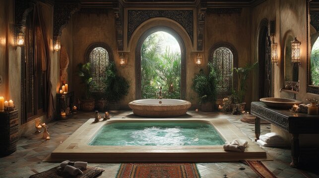 Luxurious indoor bath in ornate Moroccan palace with garden view