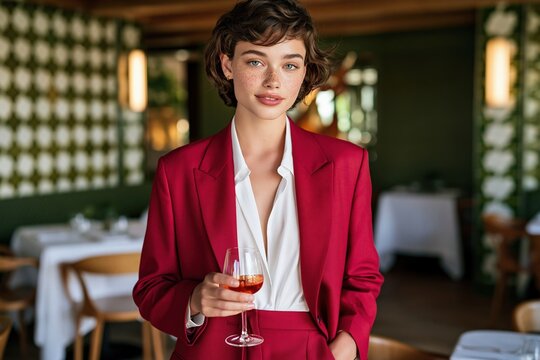 Stylish portrait of young woman in red suit holding wine glass in upscale restaurant interior for editorial banner and lifestyle marketing design