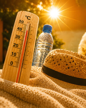 Heatwave Concept with Thermometer, Water Bottle and Straw Hat Under Hot Summer Sun