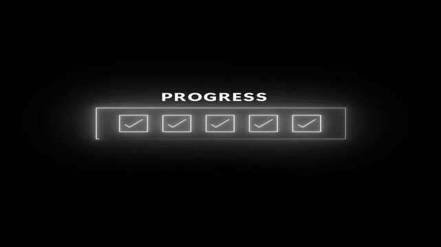 Progress bar with checkmarks and empty box on black background.