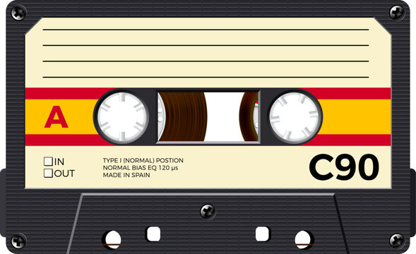 Cassette with retro label as Spain flag, vintage object for 80s revival mix tape design