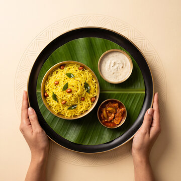 Masala Semiya with Coconut Chutney and Pickle Traditional South Indian Breakfast Served on Banana Leaf
