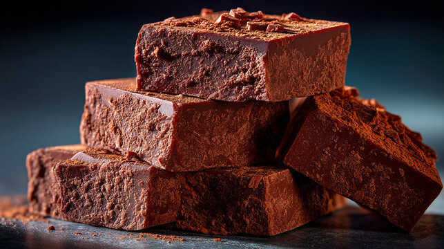 Rustic stack of dark chocolate fudge cubes dusted with cocoa powder chocolate confectionery