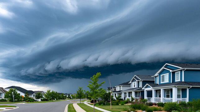 Thunderstorm dark clouds rolling over a suburban neighborhood, severe weather and atmospheric nature concept, defocused, with copy space