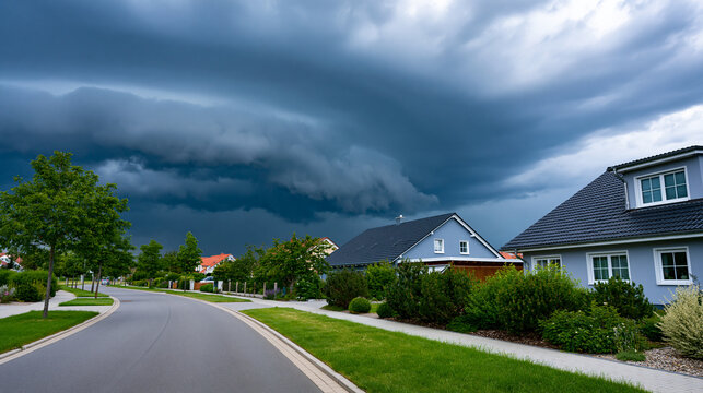 Thunderstorm dark clouds rolling over a suburban neighborhood, severe weather and atmospheric nature concept, defocused, with copy space
