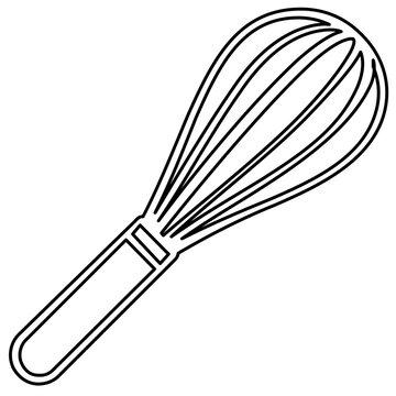Balloon wire whisk vector icon, minimalist kitchenware illustration for baking and whipping cream, clean black line art isolated on white background for culinary prep and pastry chef designs.