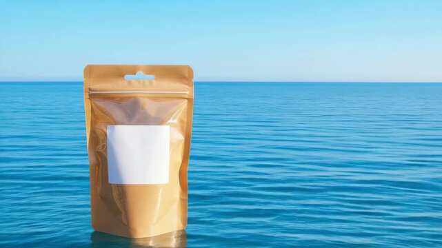 Brown pouch with white label floats on blue sea surface. Product packaging mockup for food or cosmetic items. Minimalist commercial branding display concept.