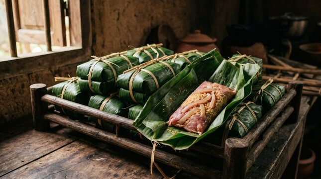 Nem Chua Vietnamese Fermented Pork Wrapped in Banana Leaves on Rustic Wood