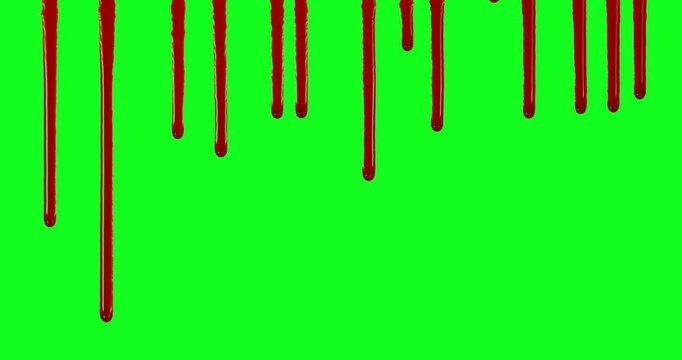Realistic blood drips slowly flowing from the top of a chroma key green screen background. High-speed footage captured on cinema camera, ideal for horror, thriller and VFX compositing.