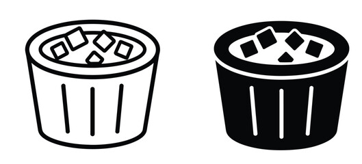 Set of ice bucket icons featuring outline and solid black silhouette styles with square ice cubes inside for cooling drinks. © ALBART