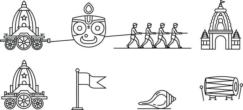 Jagannath ratha yatra festival line art style outline icon set