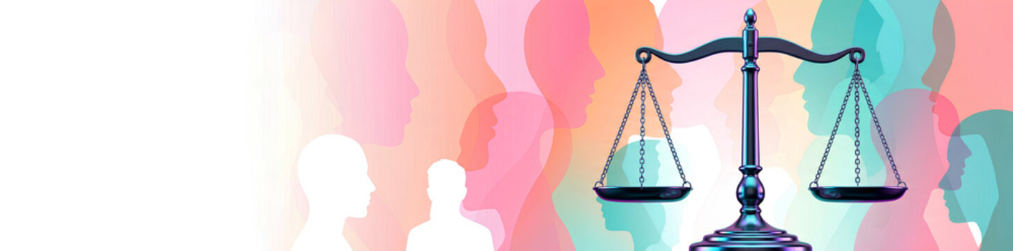 Justice and equality concept with diverse human profiles and scales of balance. Symbolizes human rights, social fairness, and community.