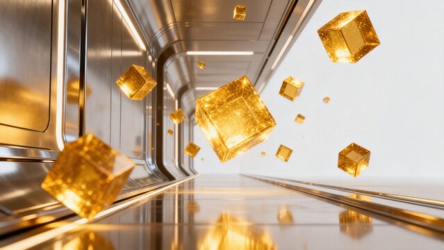 Golden cubes floating in a metallic corridor