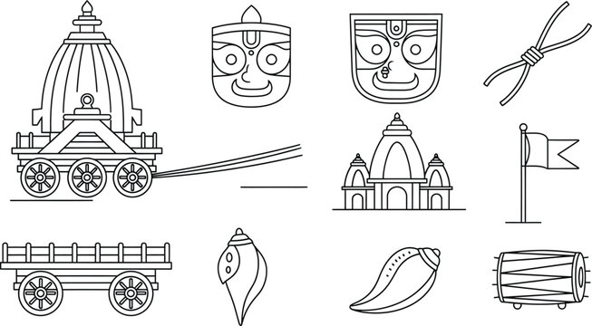 Jagannath ratha yatra indian festival line art element outline icon set
