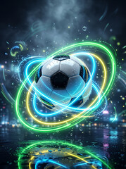 Naklejka premium Soccer ball with neon light rings