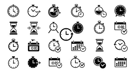 Fototapeta premium Minimalist Time Management Icons Set with Clocks, Stopwatches, and Calendars on Isolated White Background