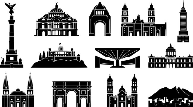 Mexico Landmark Silhouette Icons &ndash; Mexican Cultural Icons Vector Bundle