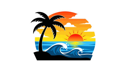 Obraz premium Vibrant tropical sunset scene with palm tree and ocean waves.