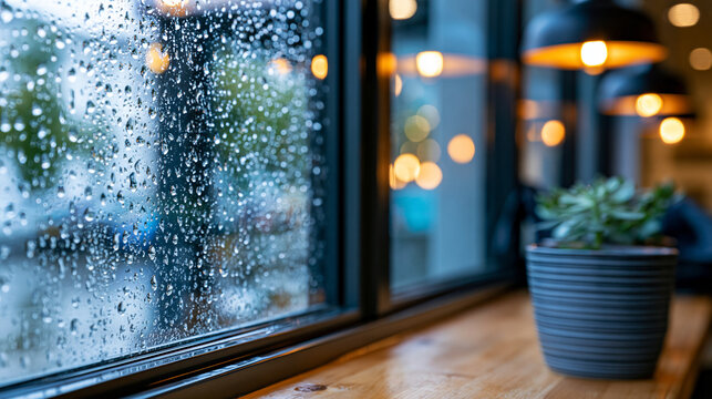 Cozy caf&eacute; window with condensation and rain streaming down the glass, warm interior and rainy day atmosphere concept, defocused, with copy space